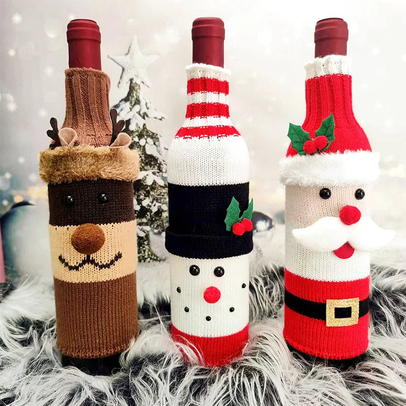 Christmas Knitted Wine Bottle Covers with A Snowman and Reindeer Atmosphere for Table Decoration Oasis Select