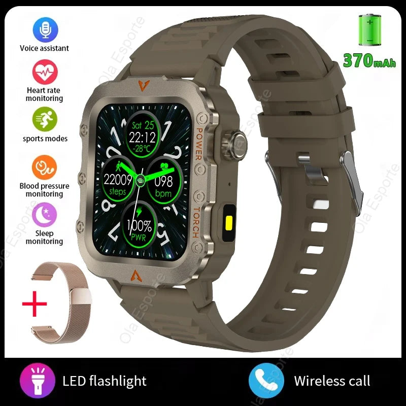Rugged Military Smartwatch – Bluetooth Call, AI Voice, IP68 Sport