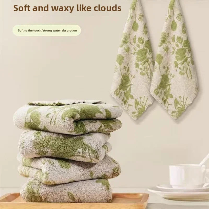 10pcs Kitchen Dish Cloth Cleaning Towel Coral Material Green Rose Pattern Wash Wipe Table Countertop Stove Sink Home Use Oasis Select