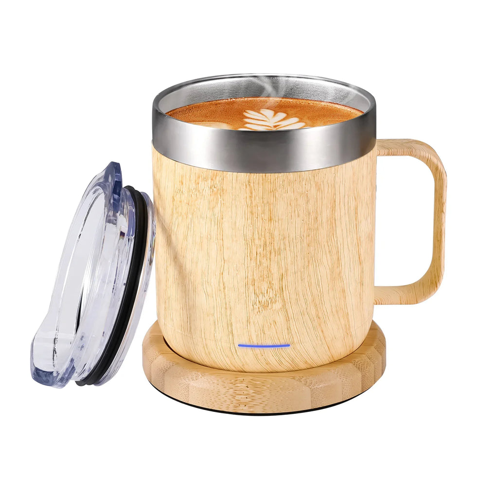 Self-Heating Coffee Mug Smart USB Warmer with 55°C (131°F) Thermostat Double Layer Food Grade Cup Warmer for Office/Home/Gifts Oasis Select Wood color