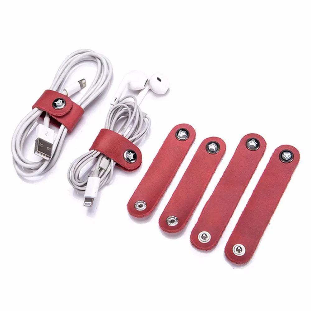 4Pcs Leather Data Cable Organizer Cord Winder Straps Earphone Wrap Winder Charger Protector Tidy Storage Cable Holder Clips Ties Oasis Select red 4pcs