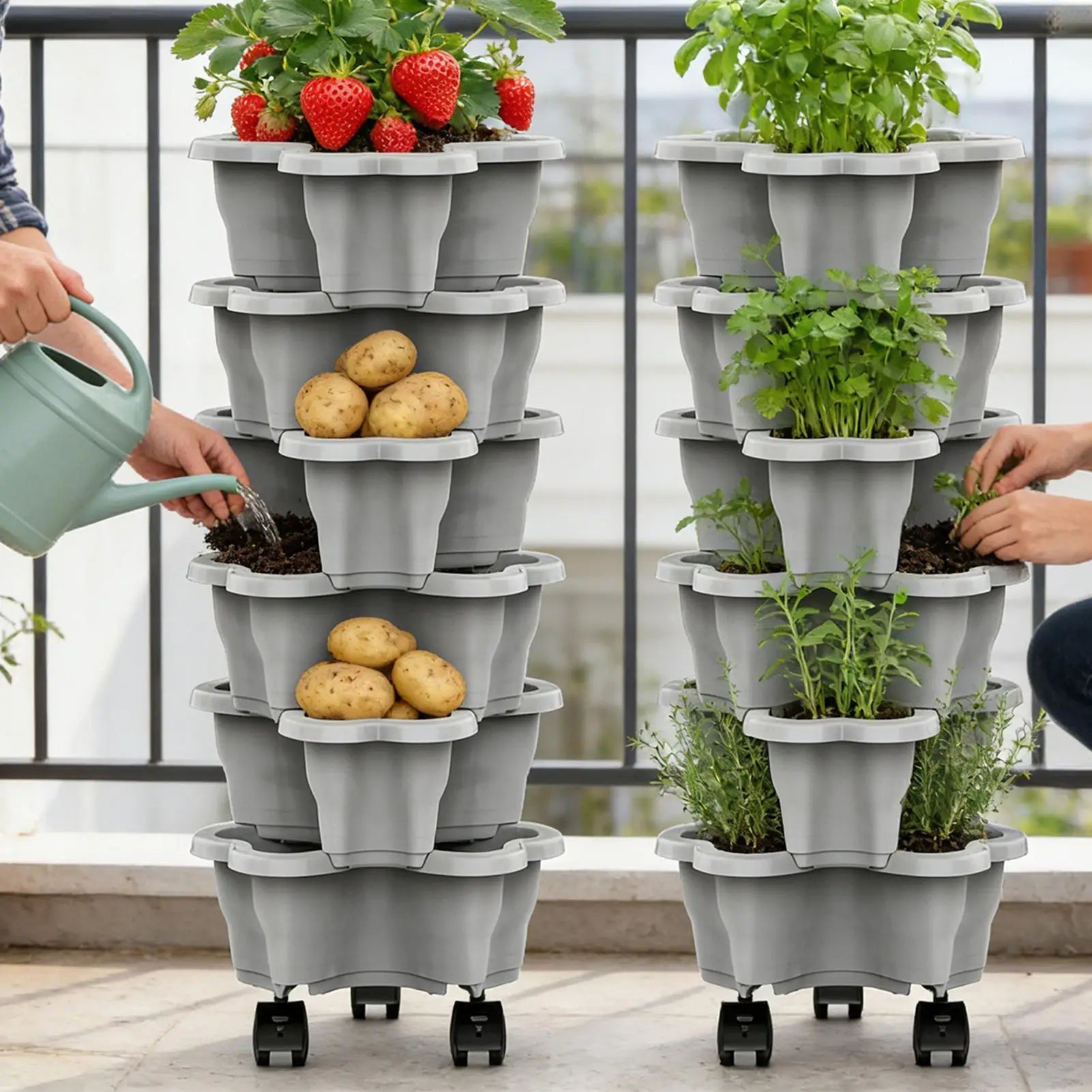 6 Tier Vertical Tower Stackable FlowerPot Multi-layer Plastic Flower Pot with Movable Casters Strawberry Planter Tower Home Gard Oasis Select
