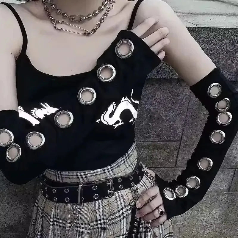 Wasteland Style Fashion Dopamine Black Abi Sleeve Set Women's Half Cut Open Finger Gloves Metal Buckle Dark Punk Ins Oasis Select