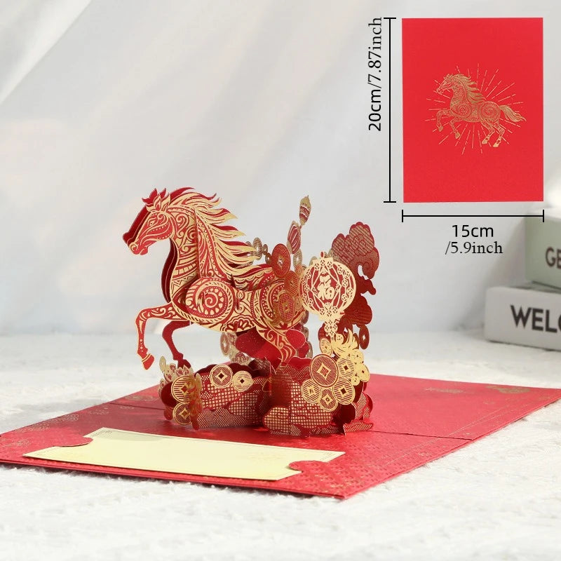 2026 Year of The Horse Lunar New Year 3D Bounce Card, Gold Horse Greeting Card with Memo Paper and Envelope Oasis Select