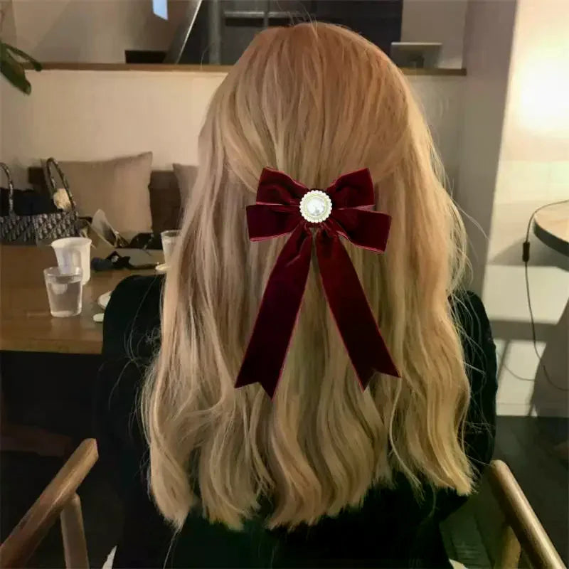Retro Pearl Velvet Bow Hair Clip – Elegant Women's Hairpin
