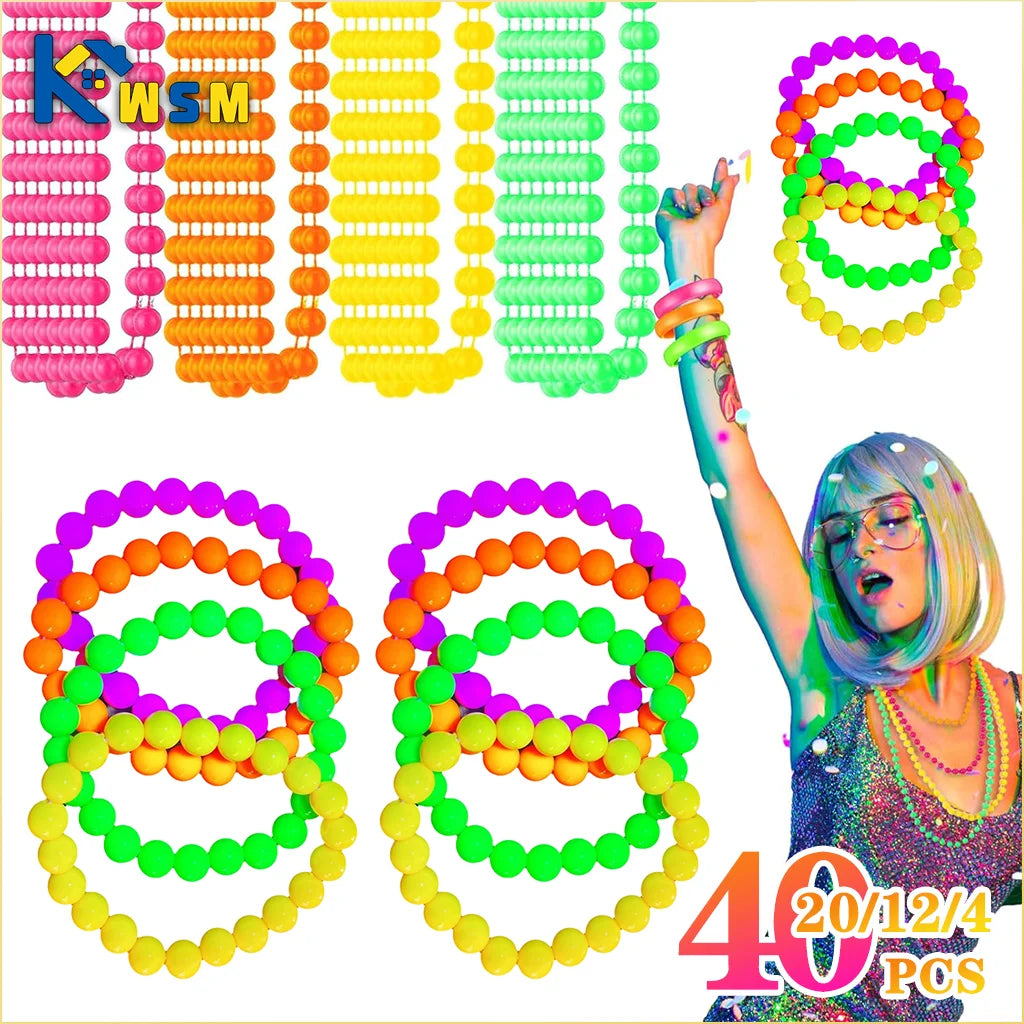 4-40PCS Connected Beads Necklace Neon Costume Accessory Set Bracelets Necklaces Photo Props Party Dress Up Bead Multicoloured Oasis Select