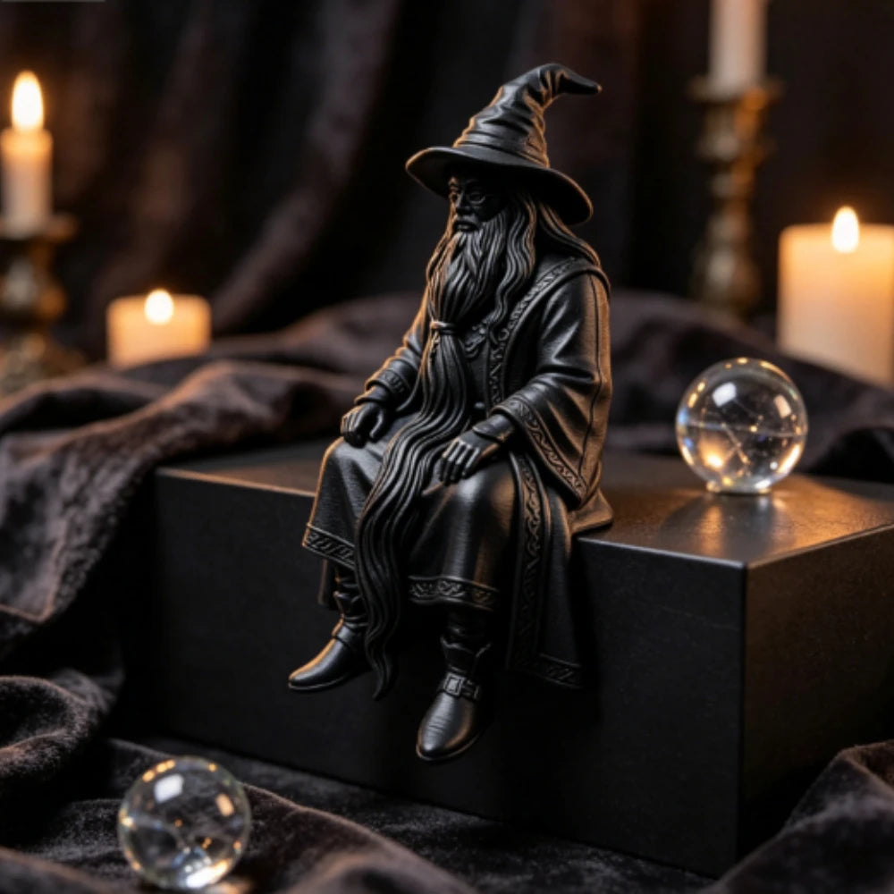 Mystery Wizard Shelf Sitter Figurine 3D Printed Sitting Posture Old Mage Statue Fantasy Desktop Decor for Bookshelf & Game Table Oasis Select