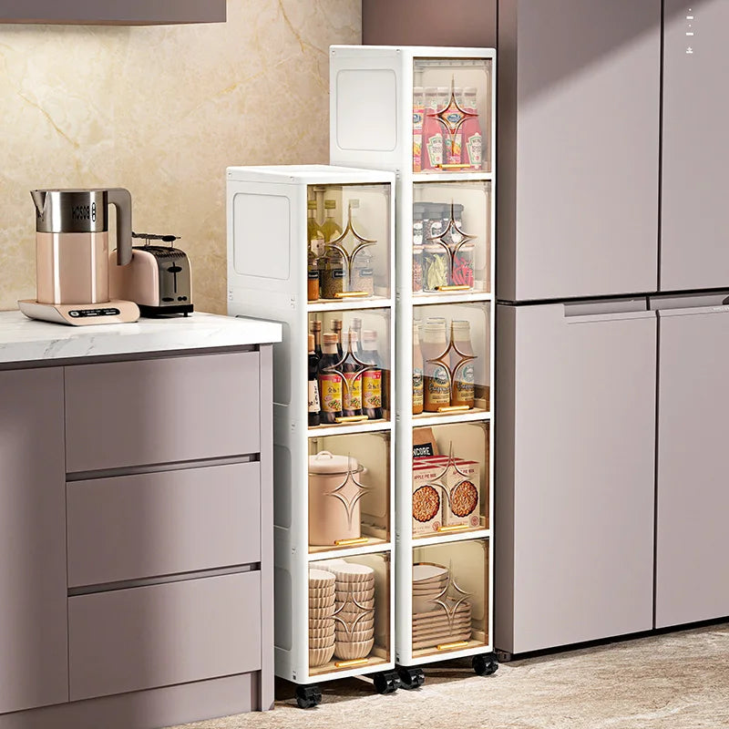 Heavy-Duty Space-Saving Flip Slim Cabinet 3-5 Tiers 20cm Wide Rolling for Kitchen Bedroom Bathroom Living Room 2 Colors Option Oasis Select