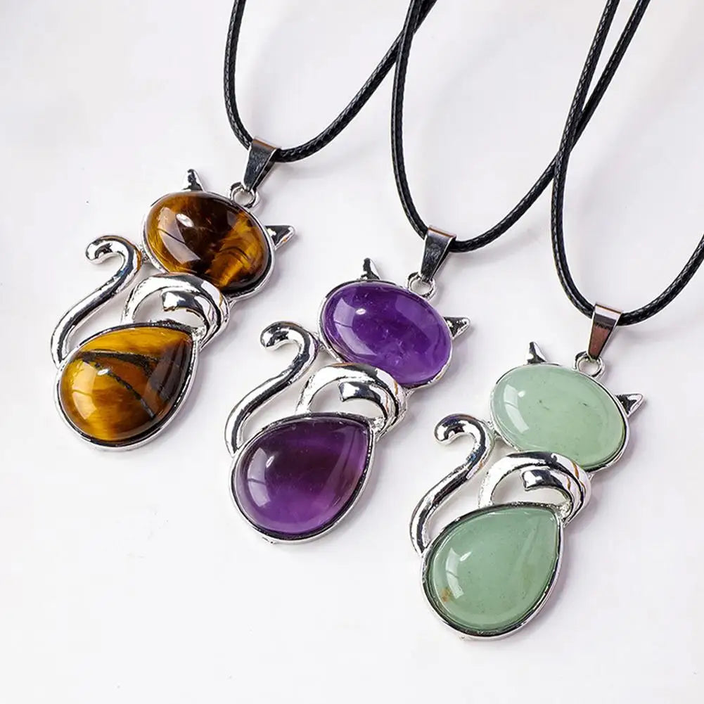 Natural Stone Cat Pendant – Amethyst, Tiger Eye & Crystal