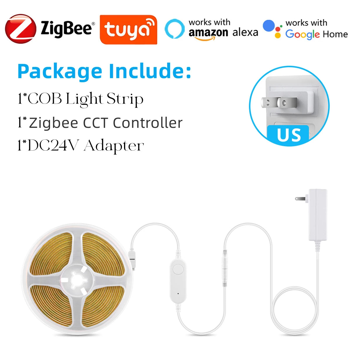 Zigbee COB LED Strip Light 24V Dimmable Color Temperature 2700K-6500K Change Cabinet Backlight Tape Works with Tuya Alexa Google Oasis Select USA Power Plug 2700K To 6500K 3m