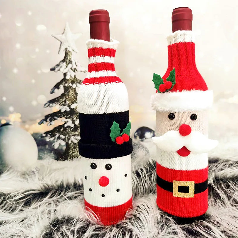 Christmas Knitted Wine Bottle Covers with A Snowman and Reindeer Atmosphere for Table Decoration Oasis Select
