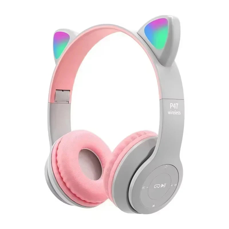 Flash Lamp Cute Cat Ears Headphone Bluetooth5.0 Stereo With Mic Support TF Card Wireless Kids Girl Earphone Birthday Gift Oasis Select GRAY
