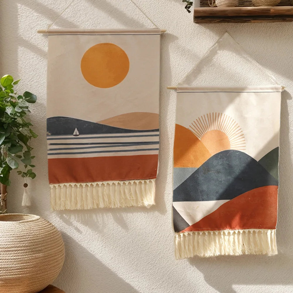 Hand-woven Sunrise and Sunset Print Tassel Tapestry Simple Studio Bedroom Living Room Background Hanging Cloth Oasis Select