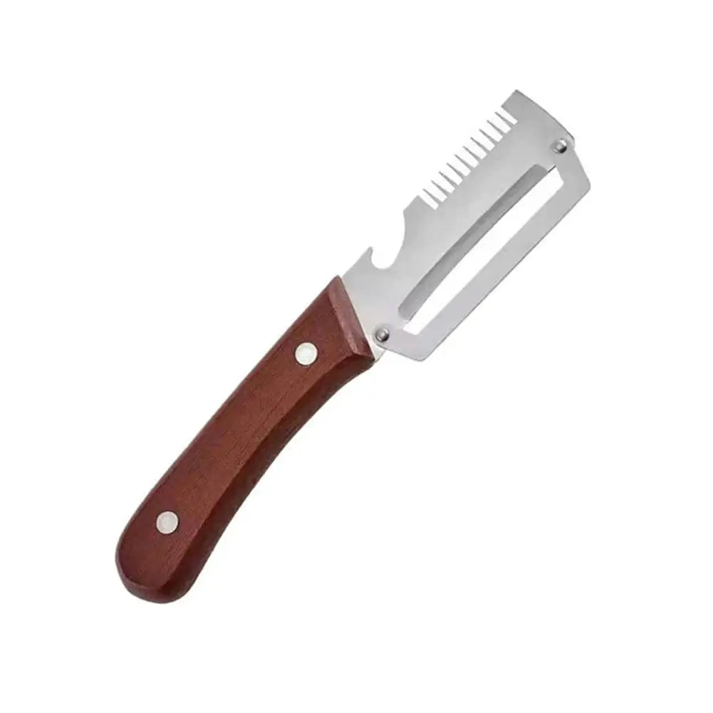 3-in-1 Multifunction Kitchen Peeler, Wooden Handle Stainless Steel Serrated Knife, Vegetable Fruit Peeler Shredder Bottle Opener Oasis Select 1 X Brown handle