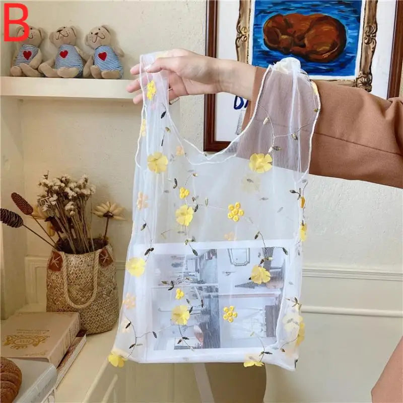 Mesh Embroidered Tote Bag with Colorful Flowers Perfect for Travel Home and Grocery Use Oasis Select B