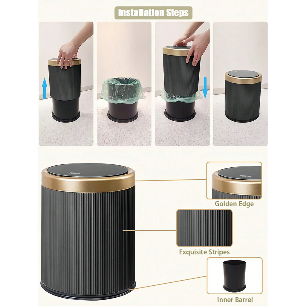 Modern White and Black Double Layered Trash Bin with Press Top Lid for Bathroom, Office and Bedroom Oasis Select