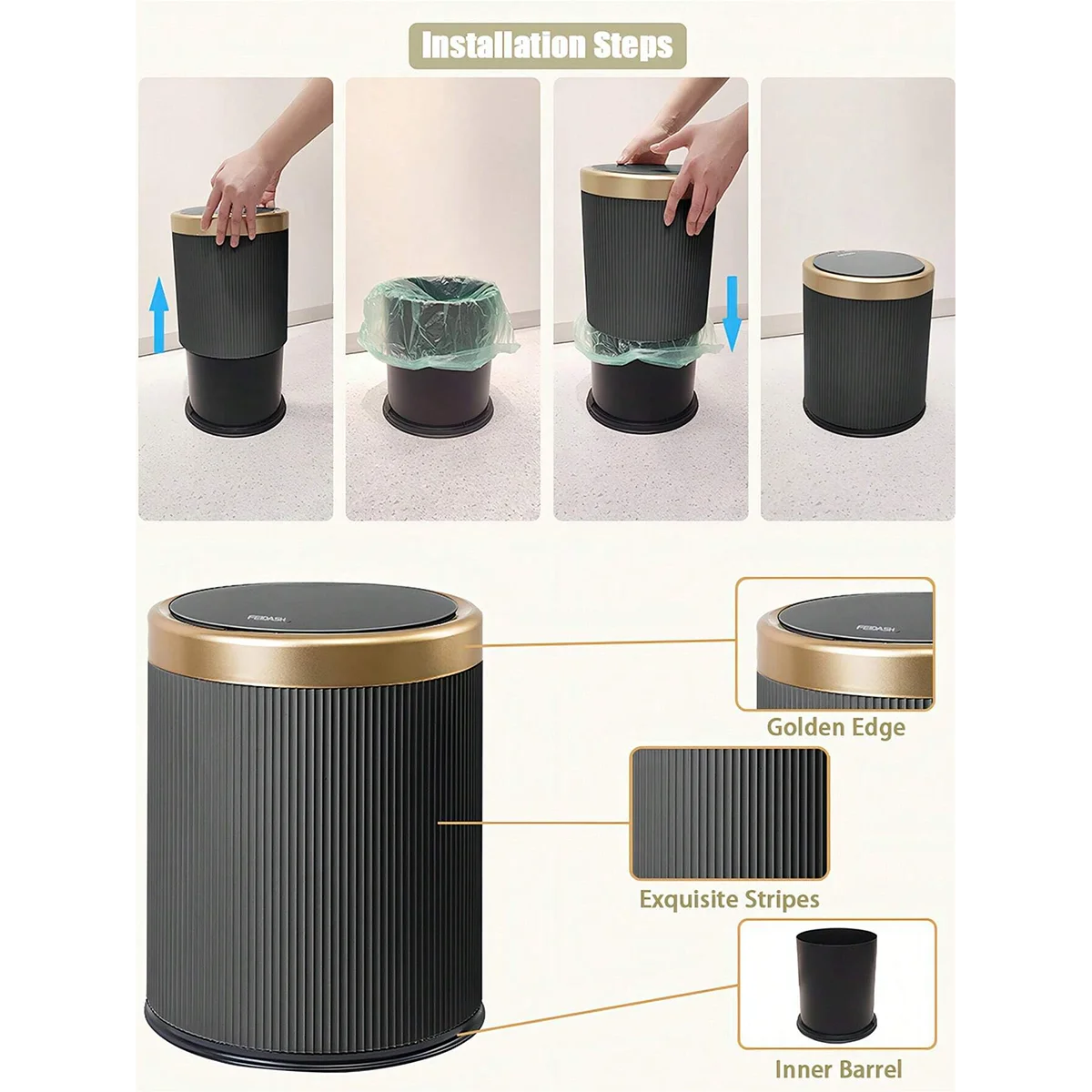 Modern White and Black Double Layered Trash Bin with Press Top Lid for Bathroom, Office and Bedroom Oasis Select