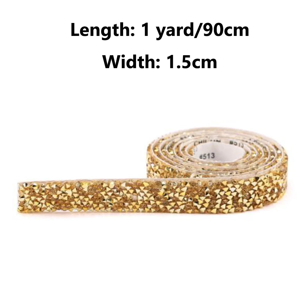 1 Yard Self-Adhesive Gold Crystal Rhinestone Tape Trim Applicator DIY Shoes Dresses Decoration Rhinestones Ribbon Roll Crafts Oasis Select 1.5cm Gold