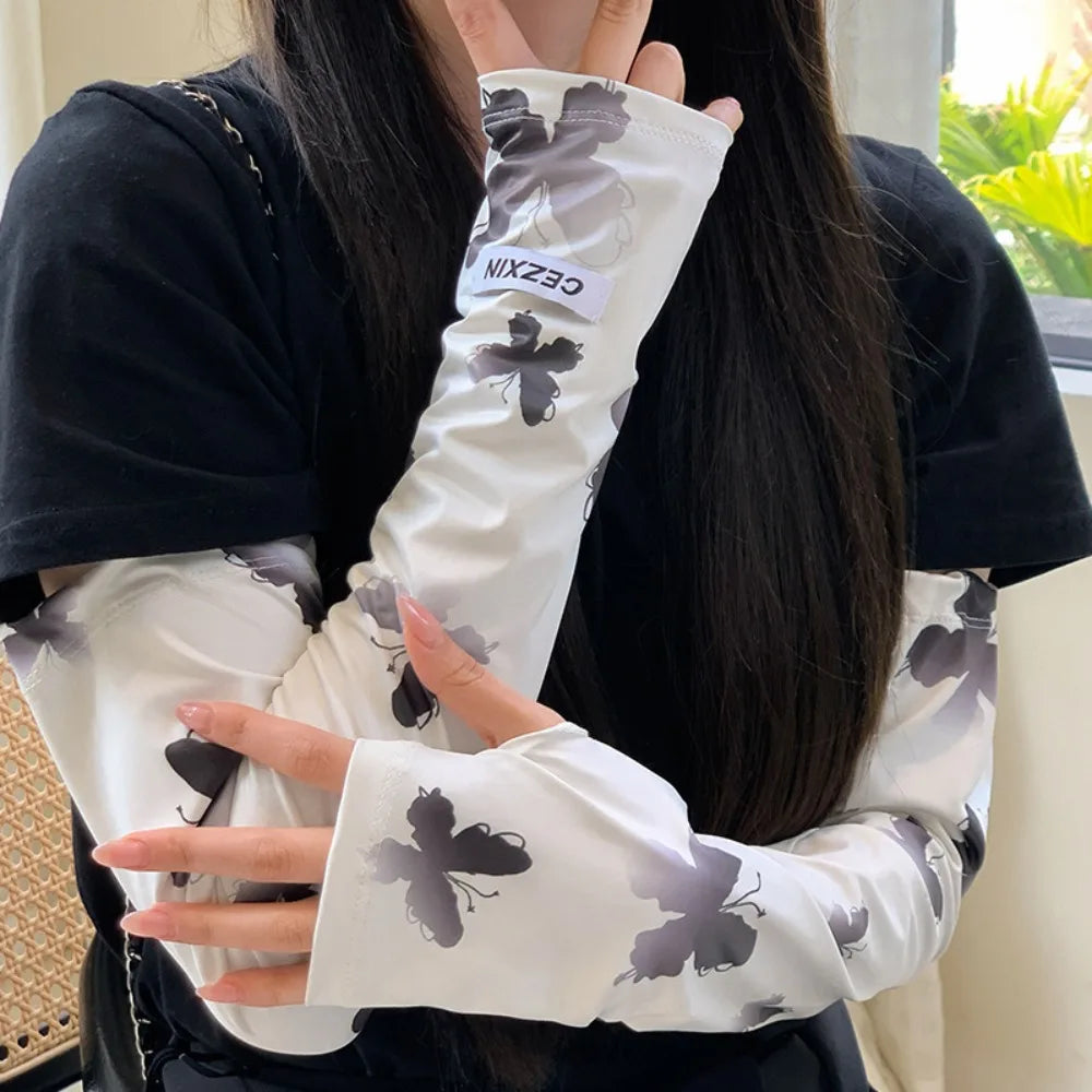 Fashion Butterfly Ice Silk Sleeves UPF50+ Long Arm Sleeve UV Protection Driving Arm Sleeves Oasis Select Black