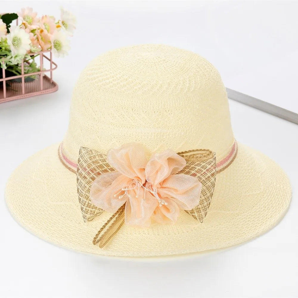 Women Fashion Wide Brim Straw Hat Bow Flowers Sun Protection Sun Hat Leisure Foldable Sunscreen Beach Hat Women Oasis Select Beige