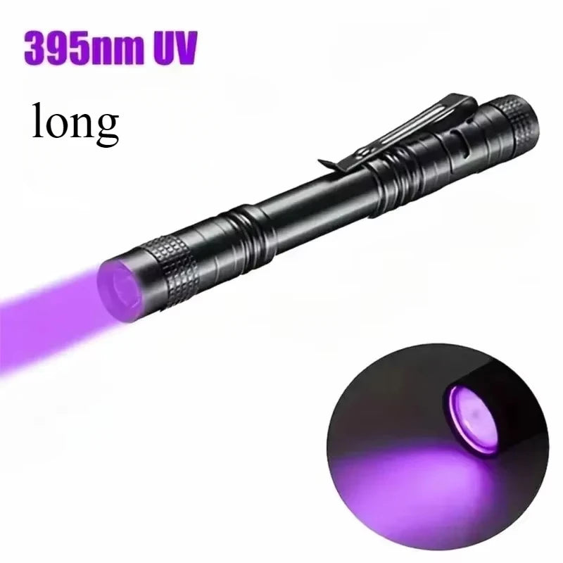 Mini 395nm UV Flashlight Portable LED Ultraviolet Blacklight Money Inspection Penlight with Clip Pet Urine Stains Detector Torch Oasis Select long
