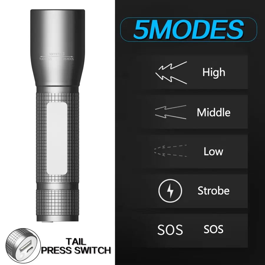 Super Bright LED Flashlight Zoomable Tactical Flashlight with 5 Modes Waterproof Portable Torch for Camping Hiking Emergency Oasis Select