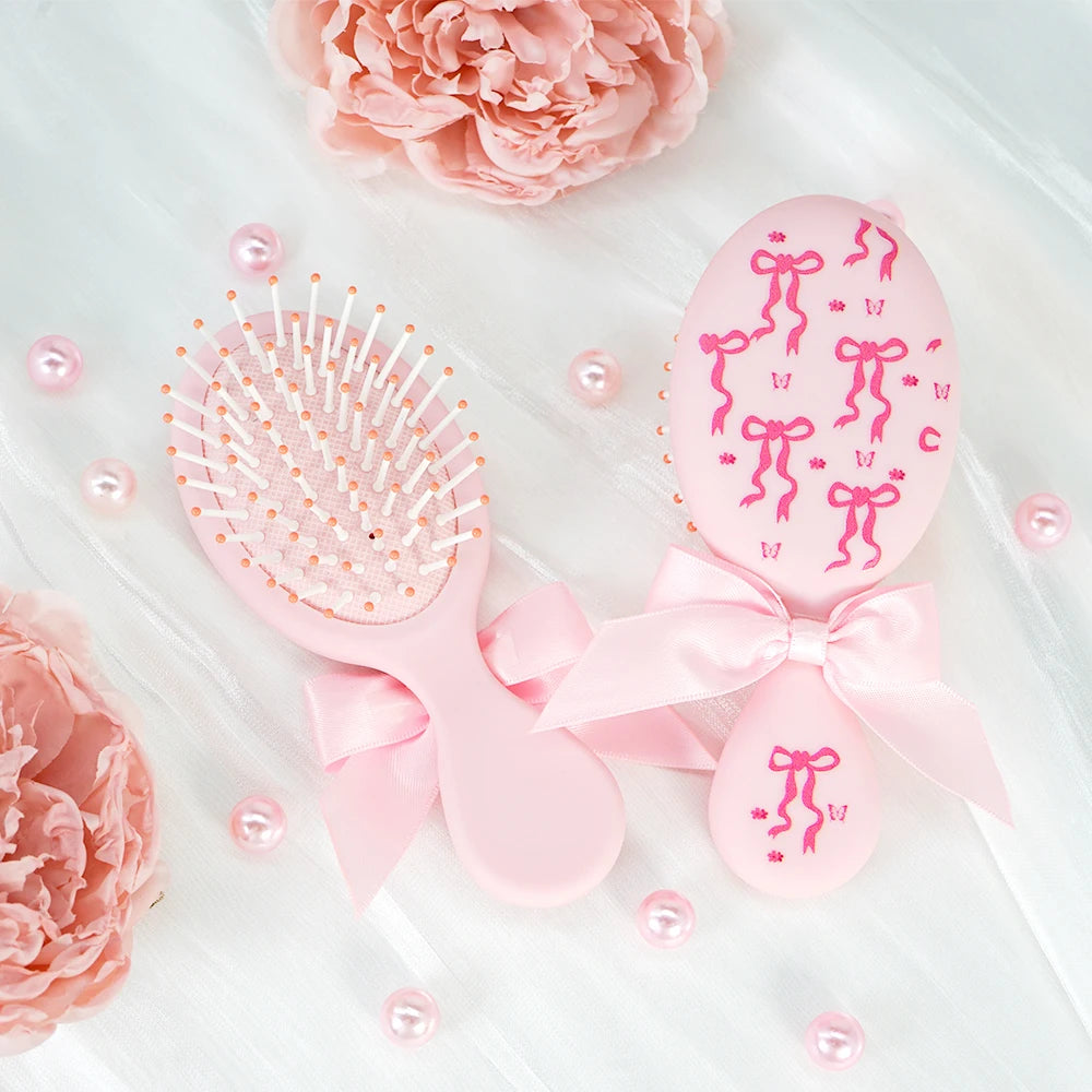 Coquette Style Pink Paddle Hair Brush - Bow & Butterfly Print, Portable Size for Gifting & On-the-Go Styling Oasis Select
