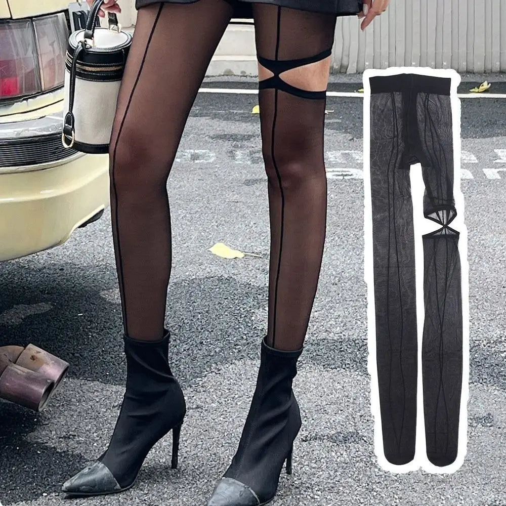 Fashion Personality High Pantyhose Asymmetry Hollow Out Female Stockings Leggings Perspective Vertical Line Tights Women Oasis Select