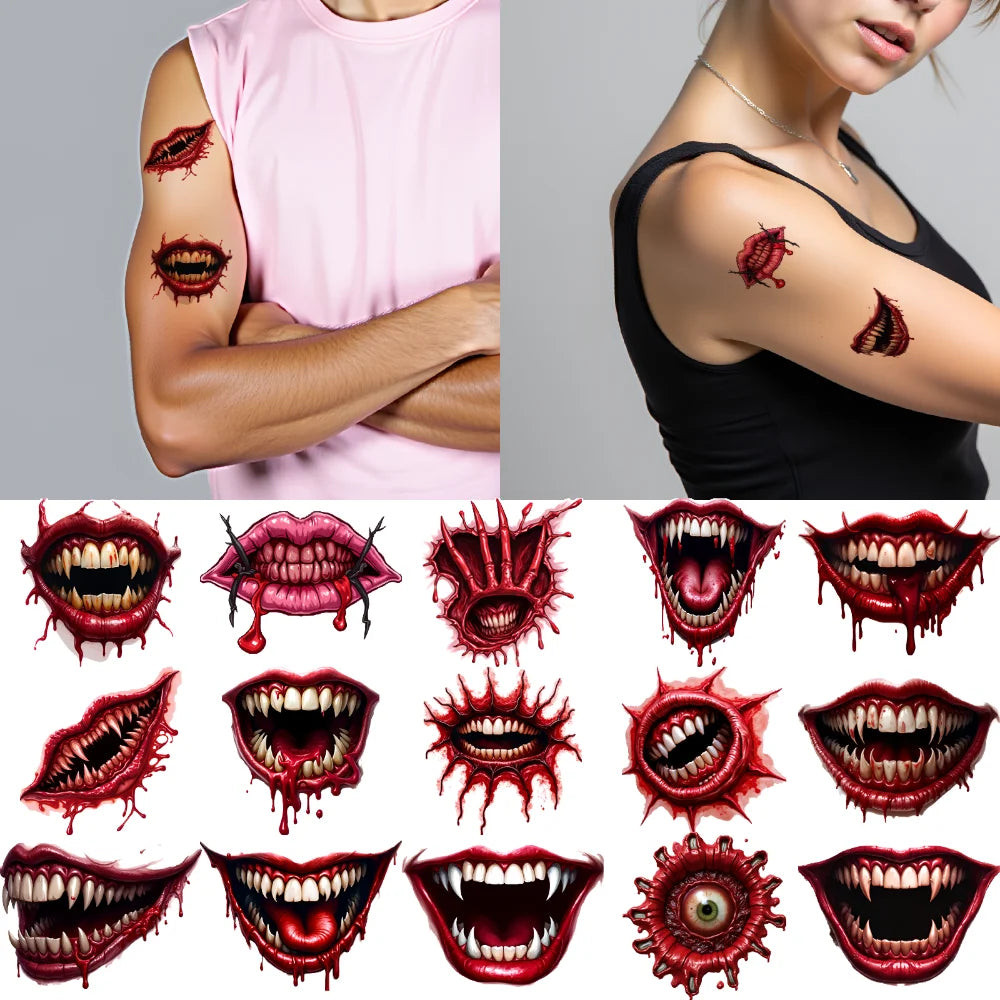 9-Pack Halloween Temporary Tattoo Stickers – Fanged Mouth & Lips