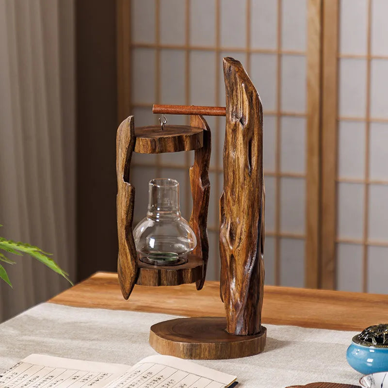 Log Wind Lamp Creative Candlestick Retro Southeast Asia Glass Cover Candlestick Outdoor Windproof Lantern Zen Decoration Oasis Select