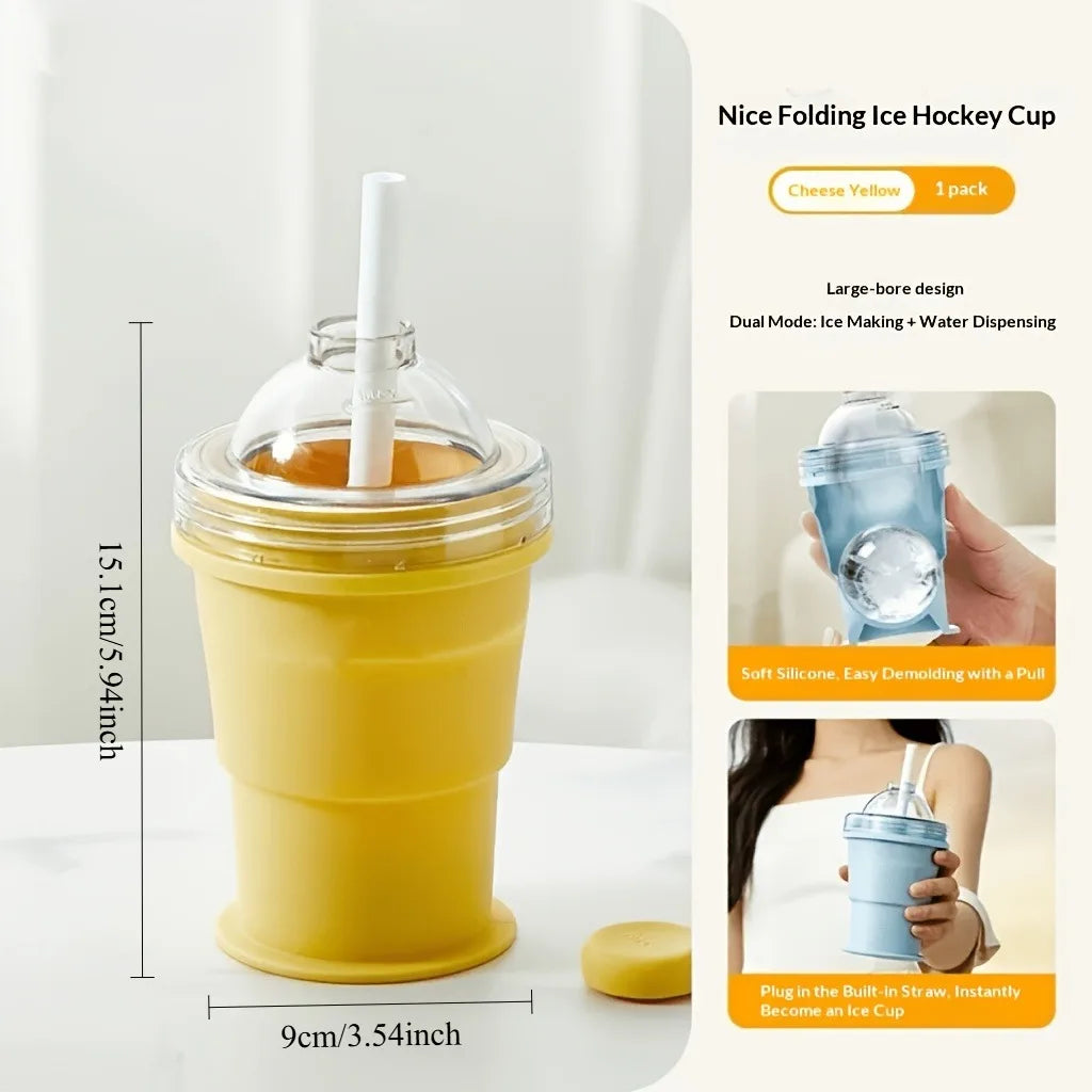 2-in-1 Portable Foldable Ice Hockey Cup, Creative Silicone Material, Whiskey Ice Cube Maker with Freezer Tray, Summer Cup Oasis Select