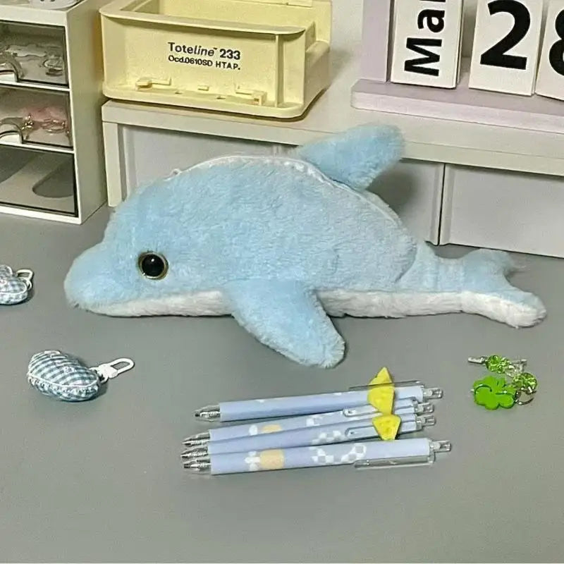 Cute Cartoon Little Dolphin Shark Plush Pen Case Large Capacity Stationery Storage Bag Pencil Case Multi Functional Plush Bag Oasis Select A1