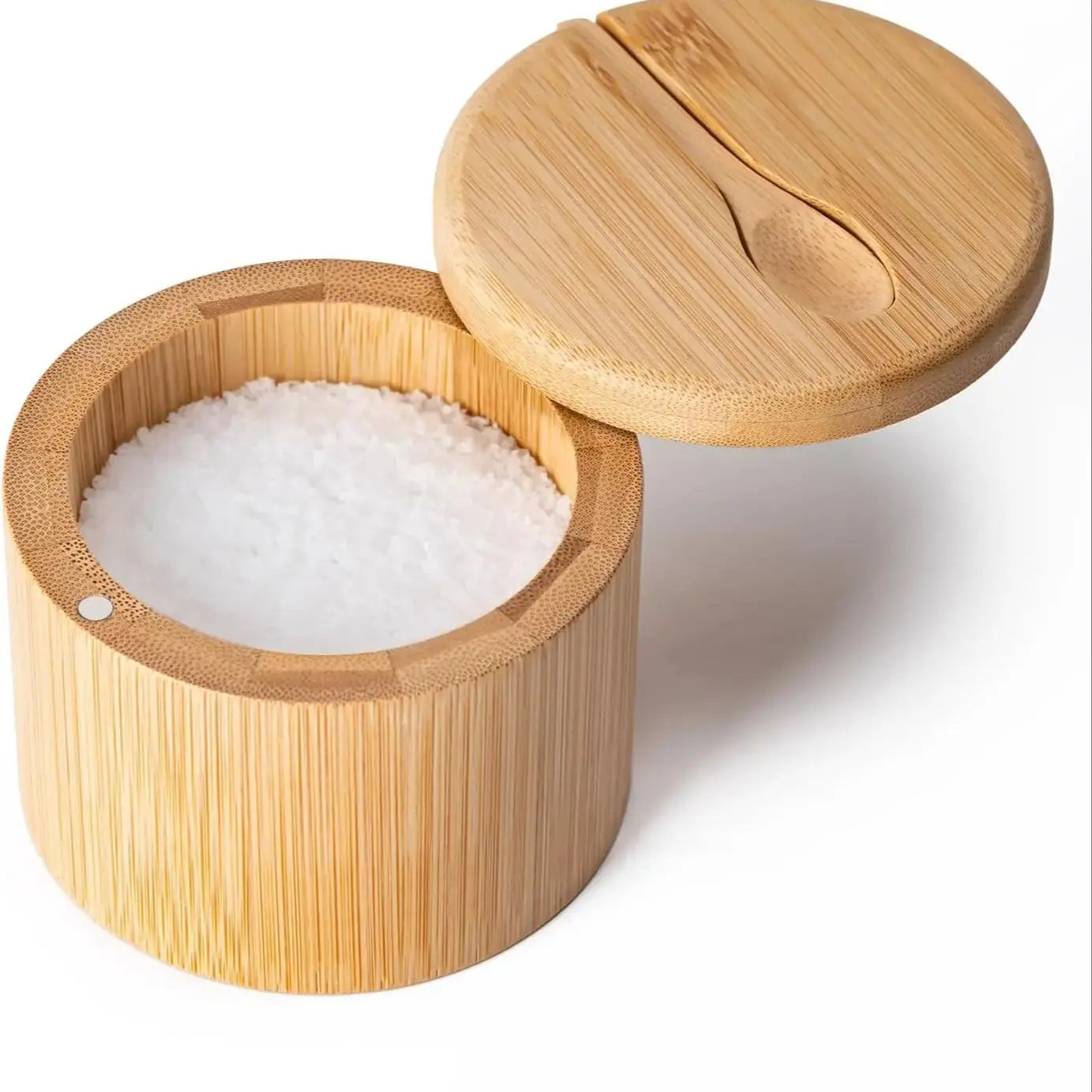 1pc Bamboo seasoning container with magnetic twist-top lid and spoon, ideal for storing pepper, table salt and other condiments. Oasis Select Light Yellow