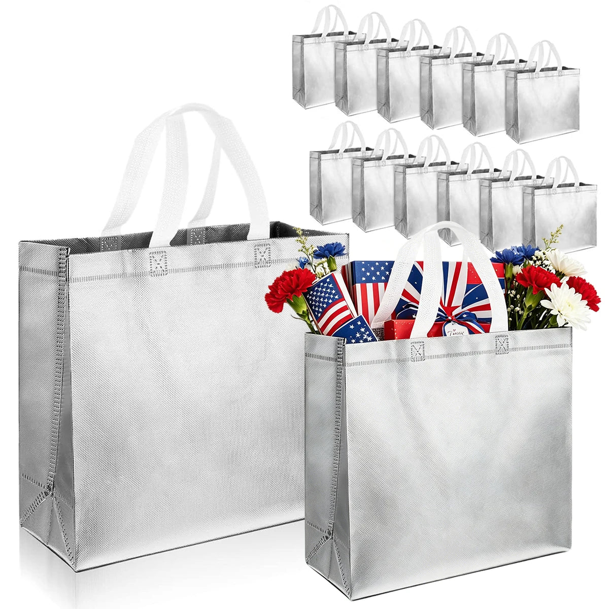4/6/8PCS Eeusable Gift Bags with Handles Elegant Sliver Gift Bags Independence Day Birthdays Parties Holidays Wedding Shopping Oasis Select