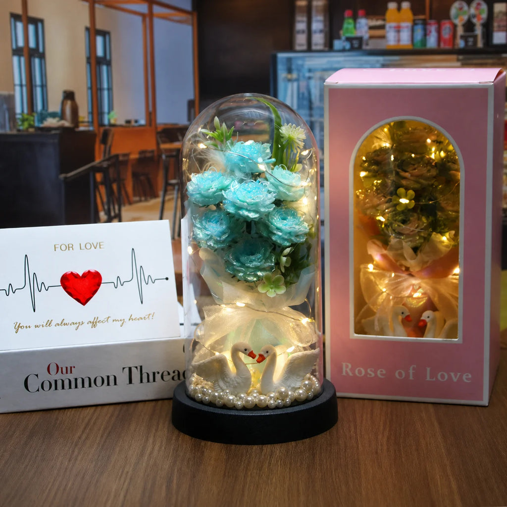 Glass Dome Ornament Handmade Decorative Flower Wreath Preserved Rose Bouquet Dust-Free Led Glowing Night Light For Valentine'S Oasis Select Light Ice Blue