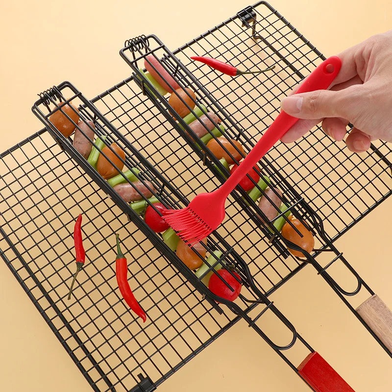 Portable BBQ Grilling Basket Stainless Steel Nonstick Barbecue Grill Basket Wooden Handle Grill Mesh Meat Picnic Roasting Tool Oasis Select