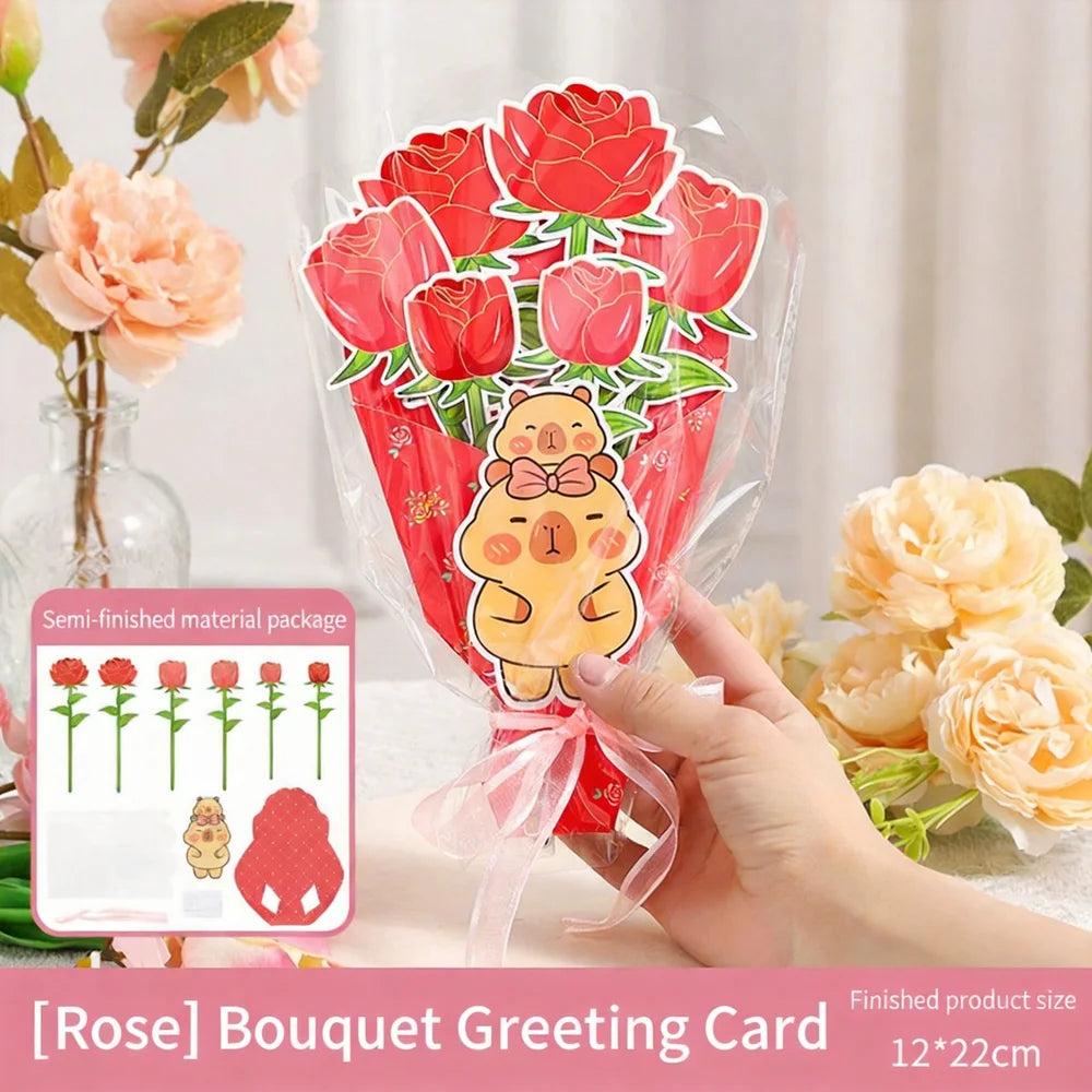 3D DIY Flower Bouquet Greeting Card Paper Craft Kit with Ribbon