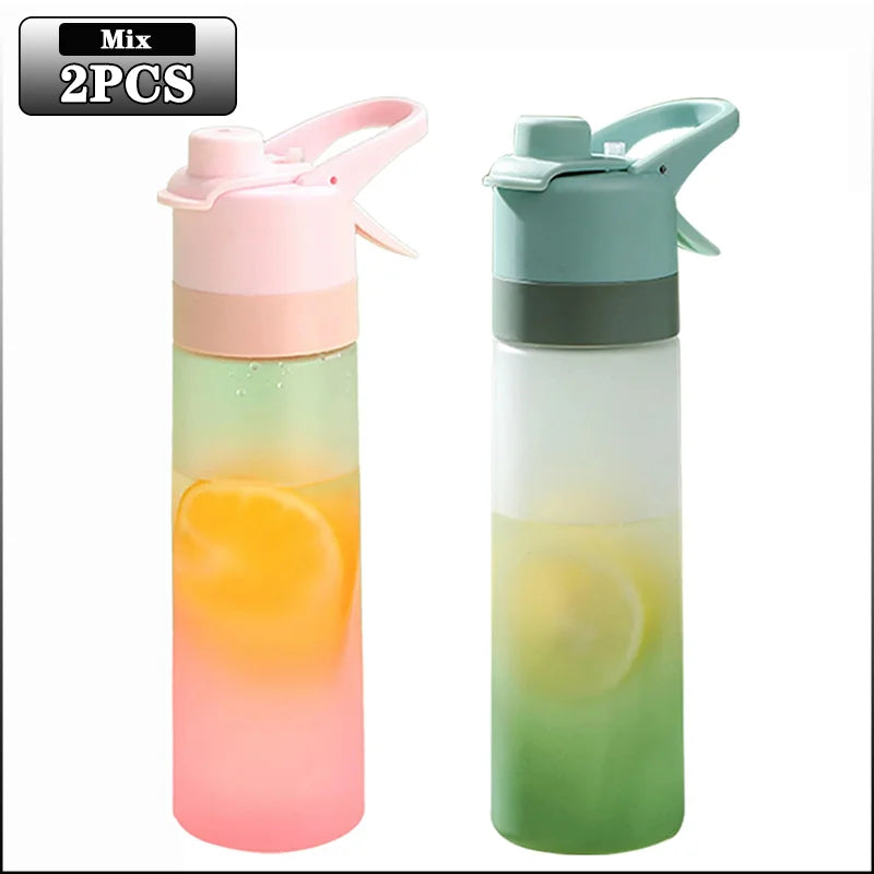 1-4PCS Large Capacity Spray Water Bottle with Straw Gradient Frosted Portable Outdoor Sports Travel Mist Sprayer Reusable Cup Oasis Select 650ML Pink-Green-2PCS