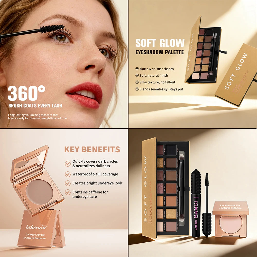 3pcs/set CC Full Coverage Undereye Color Corrector Glow Eyeshadow Palettes Volumizing Mascara Lasting Beauty Eyes Makeup Kit Oasis Select