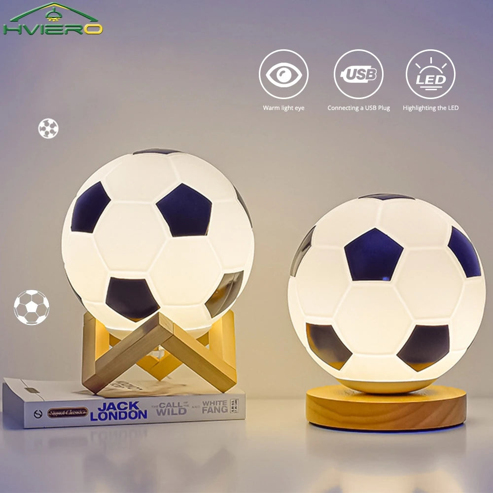 Football Theme USB Table Lamp – Wood Base & Glass Desk Light