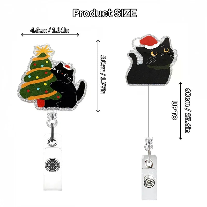 Christmas Cat Badge Reel Retractable Cute Xmas Badge Clip With Christmas Tree Black Cat Designs Acrylic Christmas ID Name Holder Oasis Select