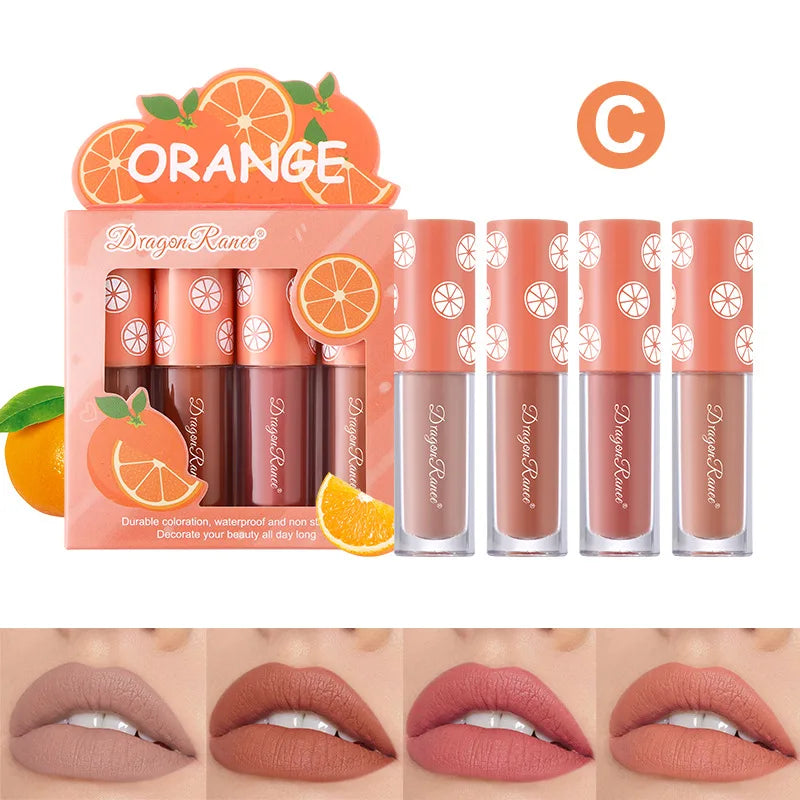 Dragon Ranee 4-Piece Velvet Matte Lip Gloss Set – Fruit Scented