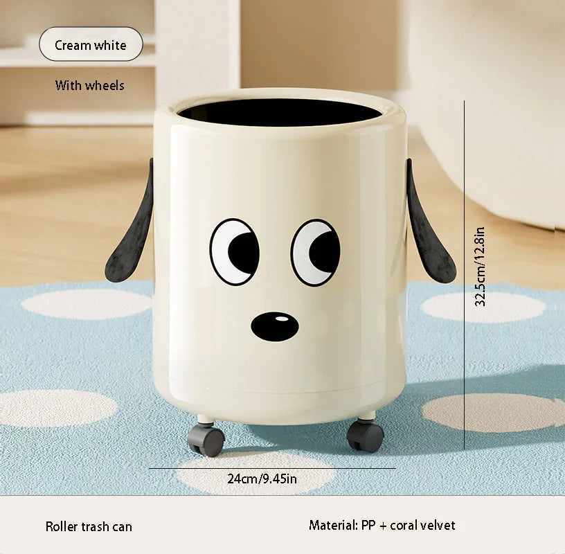 A trash can with wheels. Features a cute cartoon dog design. Practical and serves as a home decor item. Oasis Select A