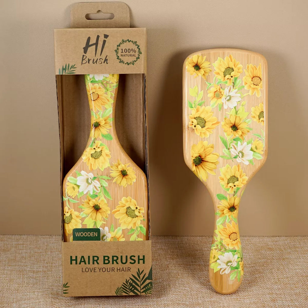 Sunflower Bamboo Air Cushion Hair Brush - Natural Wooden Massage Comb for Hair Care Anti-Static Detangling Styling Gift Oasis Select