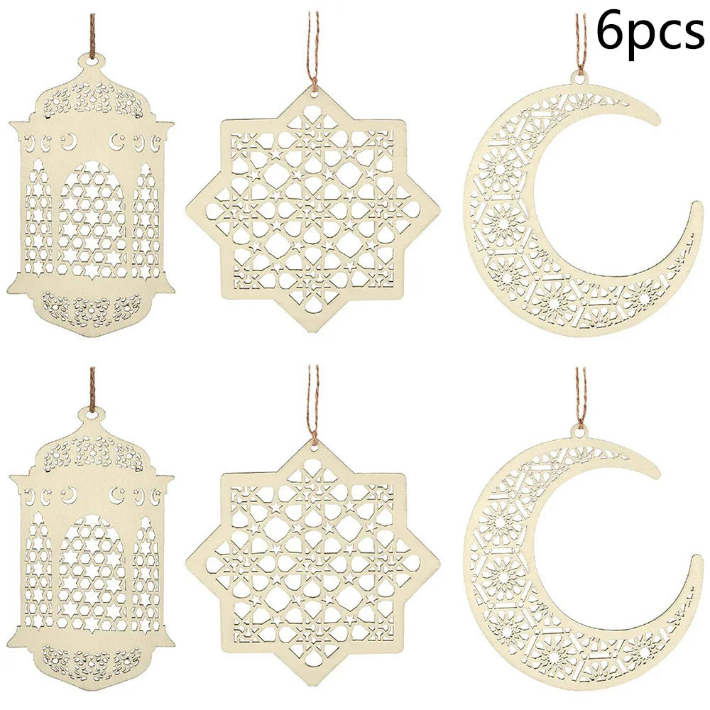 6 Pieces Wooden Hollow Pendant Ornaments For Eid Al-Fitr Ramadan Festival DIY Home Garden Decor Natural Craft Hanging Set Oasis Select 6pcs