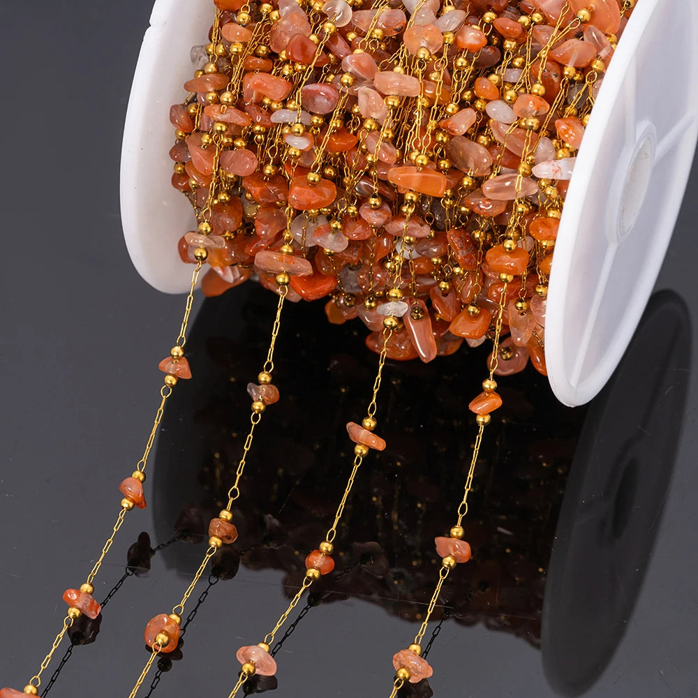 1meter Gold Plated Stainless Steel Chain Natural Raw Healing Crystal Points Gemstone Beaded Charms for Jewelry Making DIY Crafts Oasis Select Red Agate