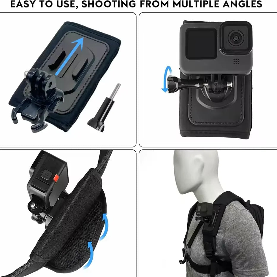 360° Rotating Backpack Strap Mount for GoPro, DJI & Insta360