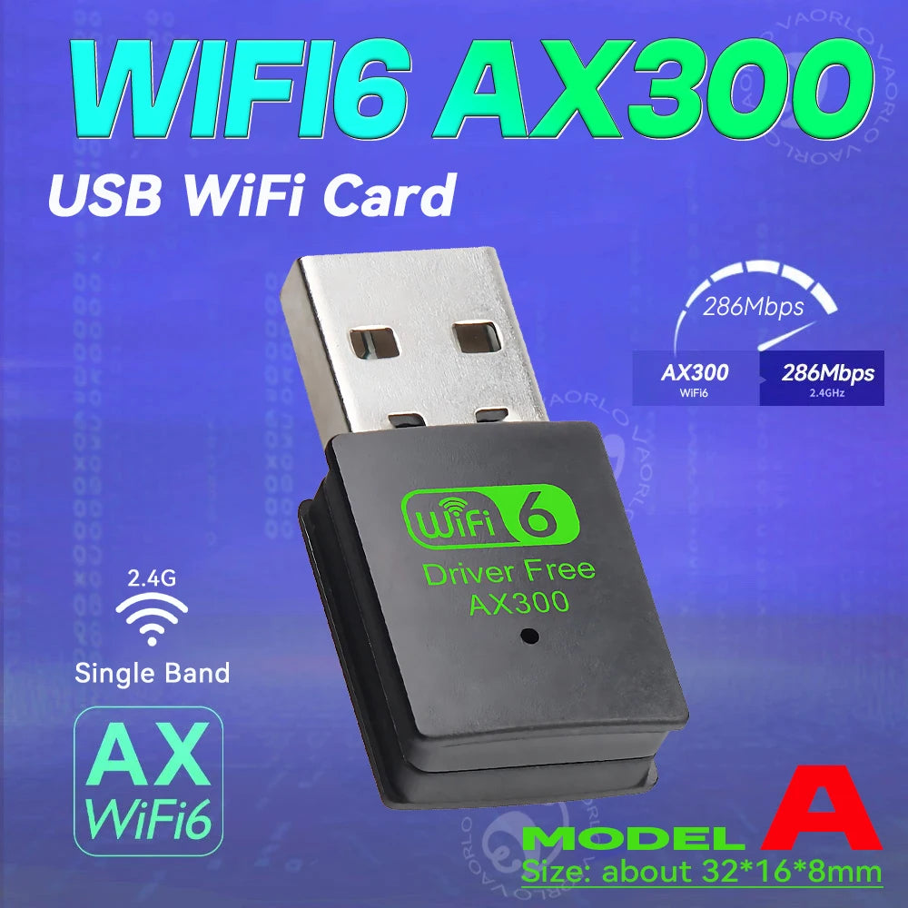 VAORLO WIFI 6 USB Adapter AX300 Network Card Mini USB Dongle 2.4GHz 802.11AX Wireless Dongle Receiver For Win 7/10/11 Drive Free Oasis Select Model A 1PCS