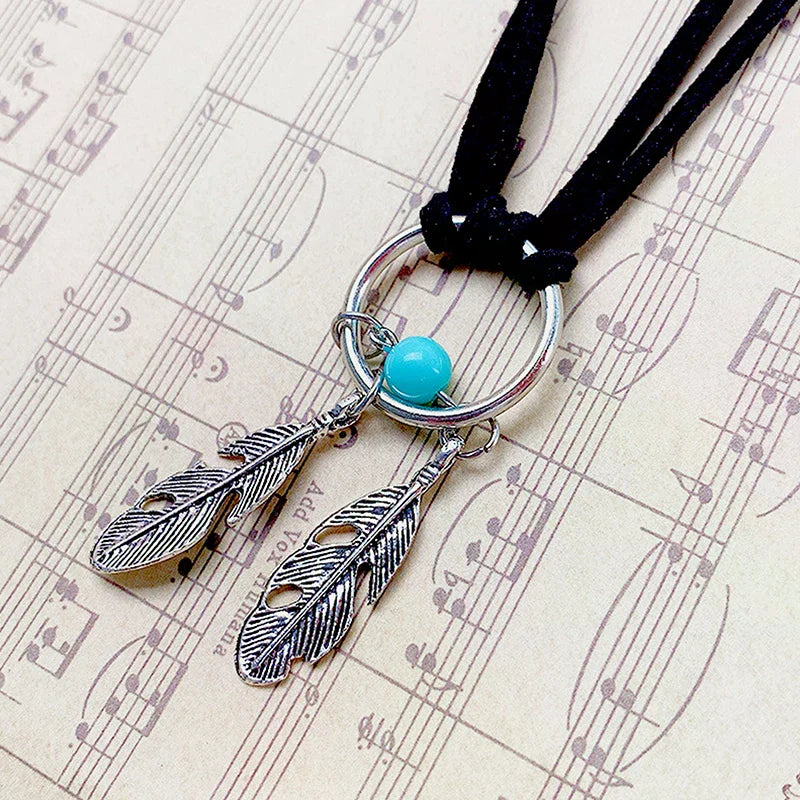 Velvet Choker Black Leather Choker Necklace Antique Color Feather Shape Charm Multilayer Chain Necklace Oasis Select
