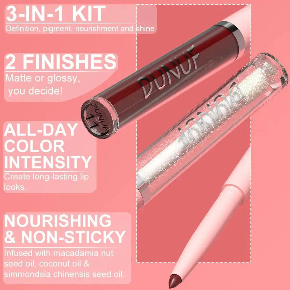 DUNUF 3-Pc Matte Lipstick Set – Lip Liner, Gloss & Oil Kit